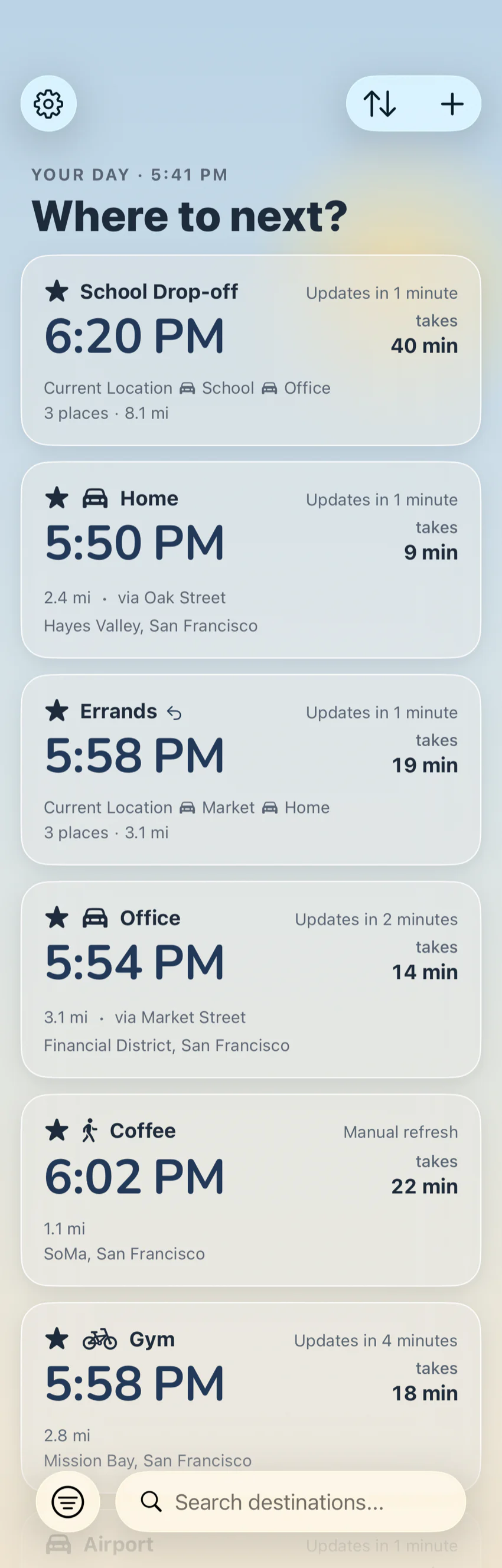 The JustETA home screen showing a list of saved destinations, each with its arrival time and travel duration at a glance.