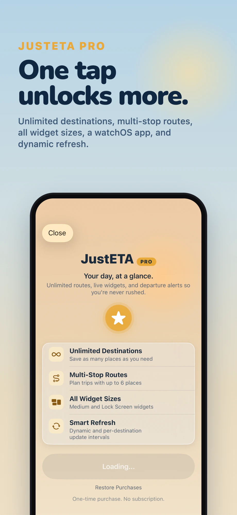 JustETA Pro — one tap unlocks unlimited destinations, multi-stop routes, all widget sizes, a watchOS app, and dynamic refresh.